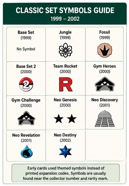Reference chart showing classic Pokémon TCG set symbols