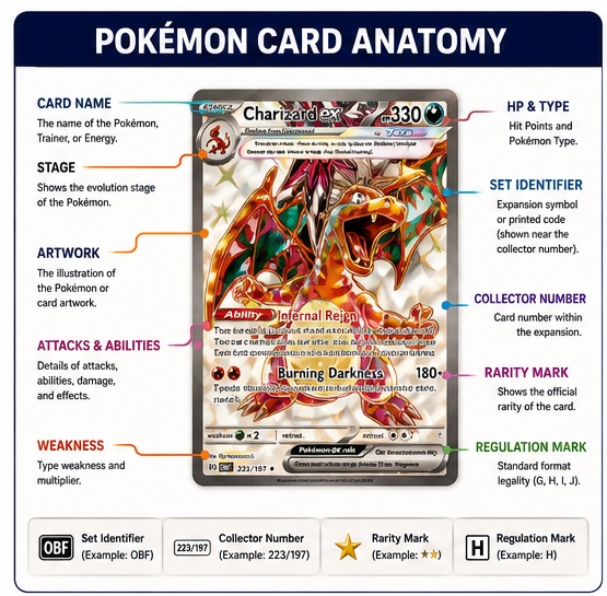 Diagram showing the main identifying details on a Pokémon card
