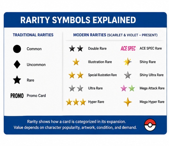 Pokémon TCG rarity symbols from Common through modern special rarities
